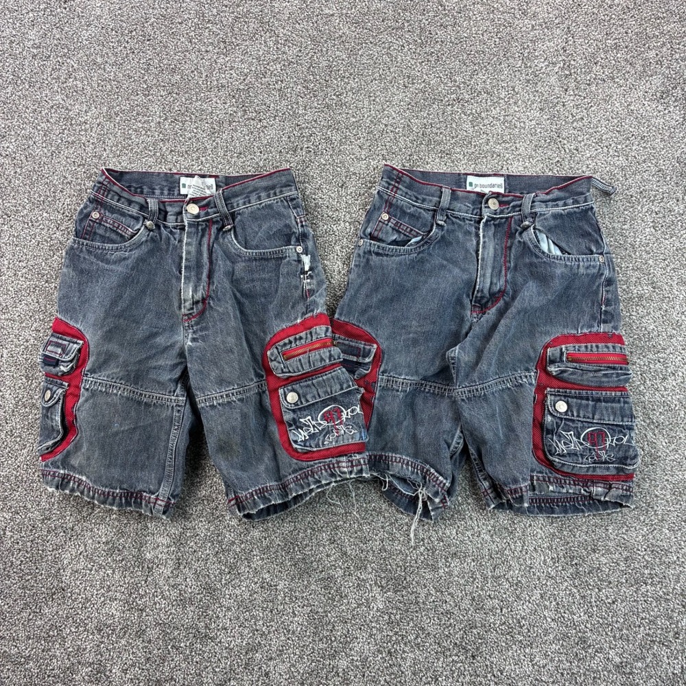 Vintage Y2K No Boundaries Cargo Shorts Boys 8 Gray Denim Embroidered Grunge